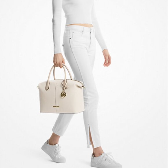 NWT! NEW!  KORS Michael Kors Hyde Large Pebbled Leather Satchel -Cream White - Picture 4 of 15